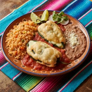 Battered stuffed poblano peppers in red tomato salsa with Mexican rice and refried beans, on a terracotta clay plate.