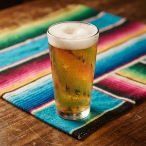 A tall glass of golden draft beer with a white foam head.