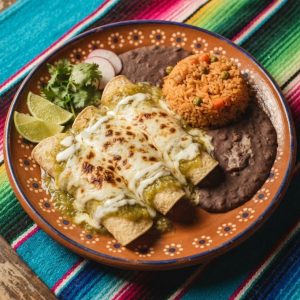 Three rolled chicken enchiladas under green tomatillo sauce and melted cheese, with rice and beans, on a terracotta clay plate.