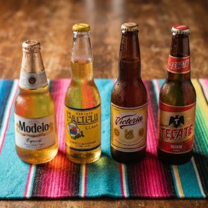 Four bottles of Mexican beer in a row: Modelo, Pacífico, Victoria and Tecate.