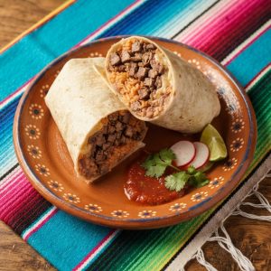 A flour tortilla burrito cut in half showing meat, rice and beans, with salsa, on a terracotta clay plate.