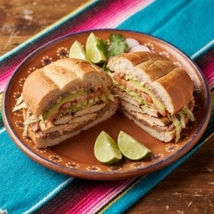 A torta on a telera roll cut in half, filled with grilled chicken, chipotle mayonnaise, avocado, lettuce and tomato.
